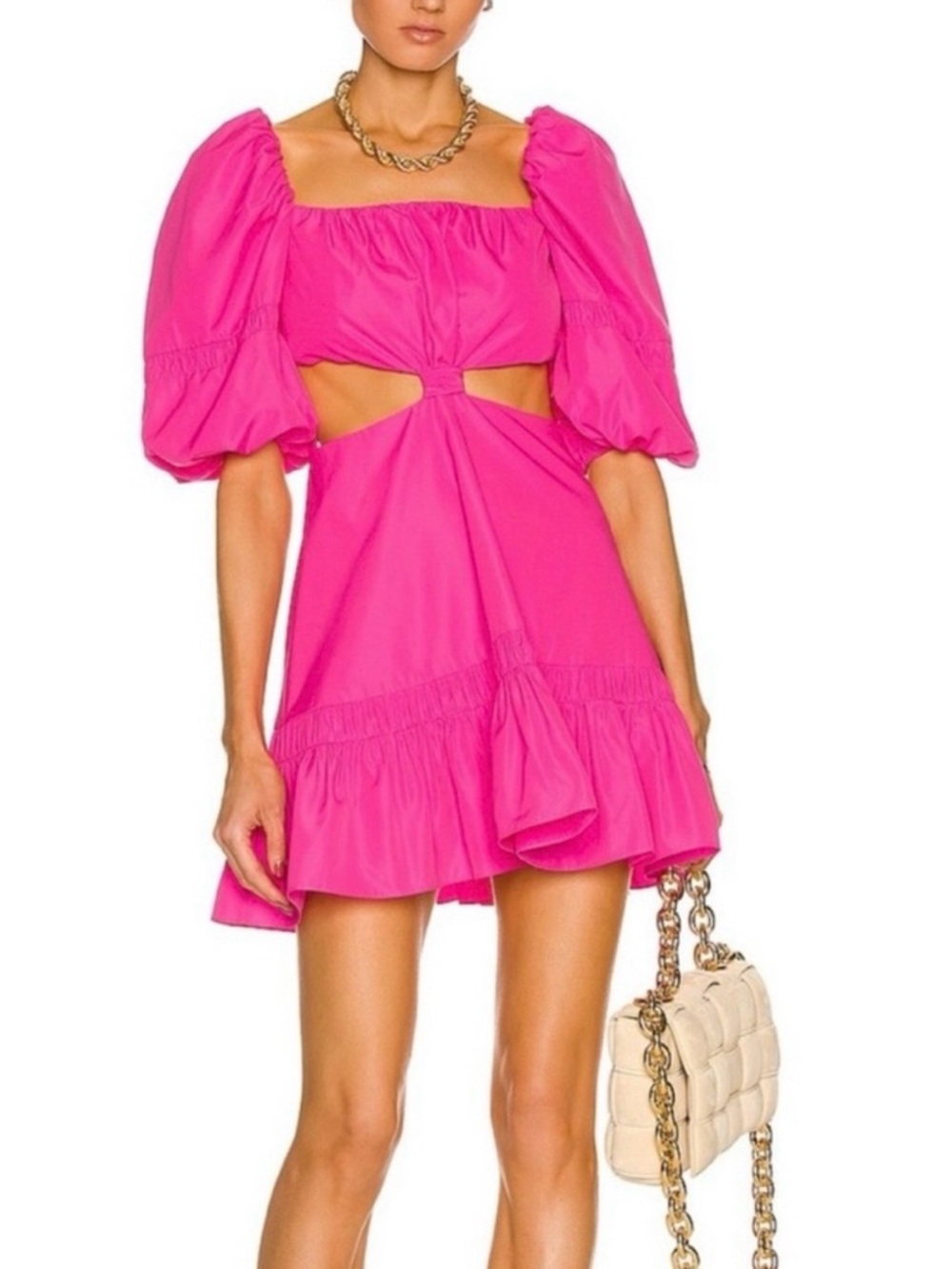 ALEXIS - Hot Pink Puff-Sleeve Cutout Mini Dress